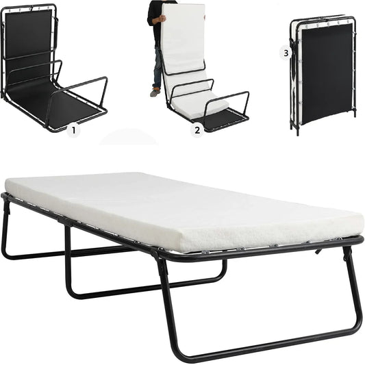 Logeerbed - Bed - Eenpersoonsbed - Opvouwbaar - 190x80cm - met 7cm Traagschuim Matras, Inklapbaar Gastbed met 2 Wielen - Bedden - Bankstel