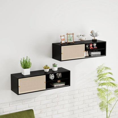 Kast – Boekenkast – Tv-Meubel – Woonkamerkast – Schuifdeuren – Geperst Rattan – Verstelbare Planken - 110 x 40 x 30.8 cm - Zwart
