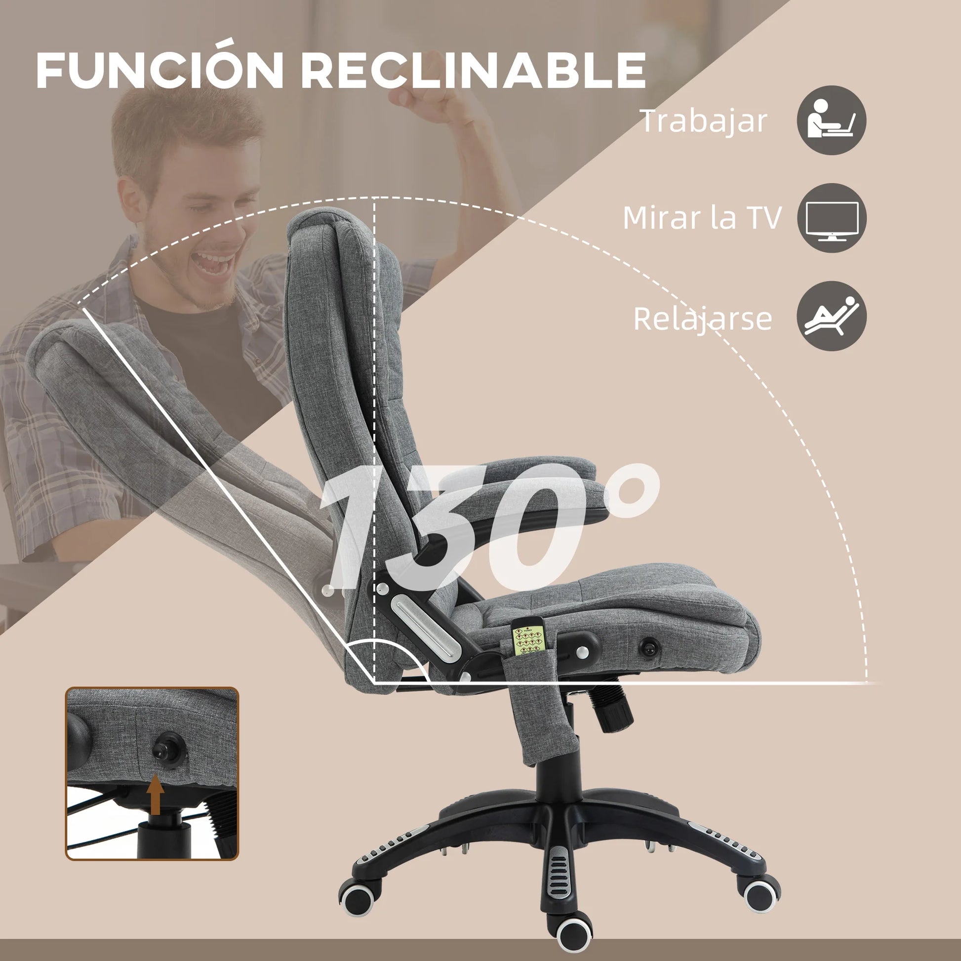 Massage Bureaustoel – Bureaustoel Met Massage – Massagestoel Office – Ergonomische Werkstoel – Bureaustoel Met Verwarming – 6 Massagepunten – Verstelbare Rugleuning Tot 130° - Grijs - QUORE
