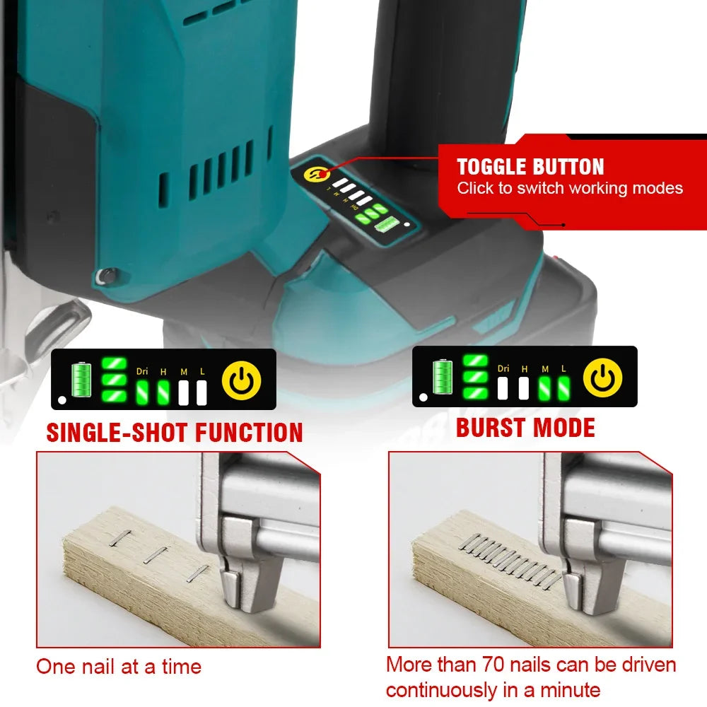 Tacker - Spijkerpistool - Accu Nietmachine - Elektrisch Nietpistool - Brushless - met 2 Snelheden – Inclusief 1 Accu + EU Oplader – Voor 21V/18V Batterijen
