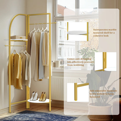 Gouden Hoekkledingrek - Stevig Vrijstaand Kledingrek - Metalen Kapstok voor Hal en Slaapkamer - Robuust Gouden Kledingrek - Hoekkast met Planken - Ideaal voor Woonkamer
