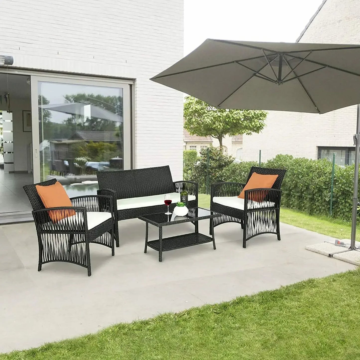 Tuinmeubelset - Tuinset - Bistroset - Tuintafel met Stoelen - Balkonset met Kussen - Glas Tafelblad - Stoelen & Tafel - Rietenmeubelset - voor Tuin - Terras - Balkon - Buiten - Zwart