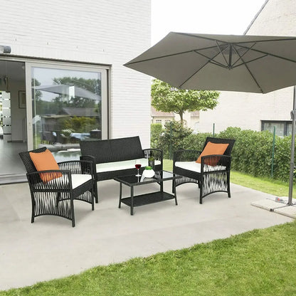 Tuinmeubelset - Tuinset - Bistroset - Tuintafel met Stoelen - Balkonset met Kussen - Glas Tafelblad - Stoelen & Tafel - Rietenmeubelset - voor Tuin - Terras - Balkon - Buiten - Zwart