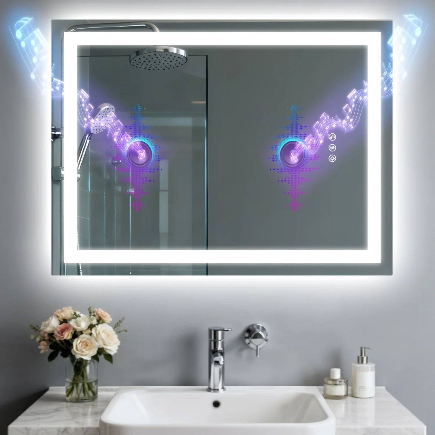 LED Badkamerspiegel – Spiegels Voor Badkamer – Make-up Spiegel – Verlichte Spiegel – Bluetooth Spiegel – 60x80 cm – Anti-Condens – Dimbare LED Verlichting