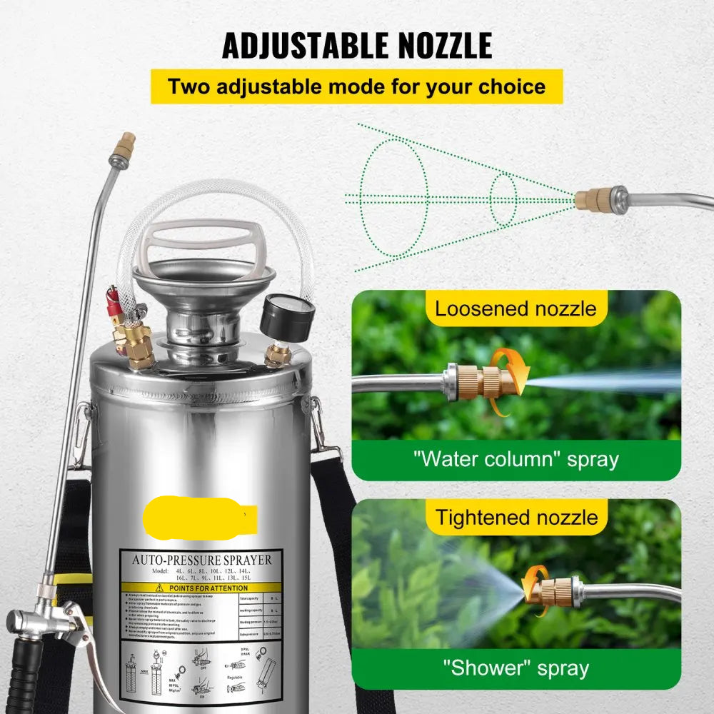 RVS Tuinsproeier - Rugspuit - Onkruidsproeier - Sproeier - Drukspuit - 8L - Handpomp - Verstelbare Messing Nozzle - voor Tuin - Reiniging - Desinfectie
