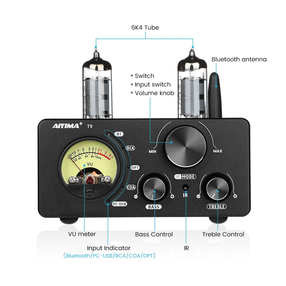 AIYIMA Audio T9 HiFi Bluetooth 5.0 Versterker - Vacuum Tube Amplifier met USB DAC, COAX, OPT & VU Meter - Stereo Amplificator voor Audio Enthousiastelingen - QUORE
