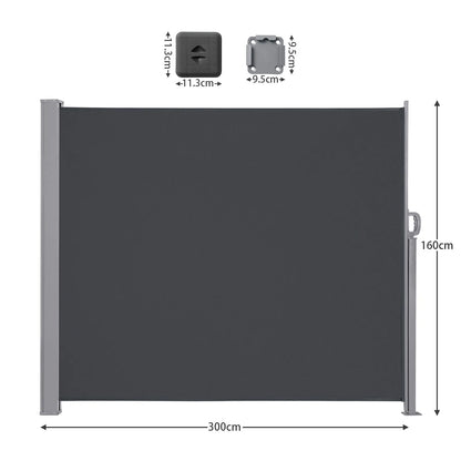 Uitschuifbaar Zijscherm – Balkonscherm – Tuinscherm – Windscherm – Privacywand – Waterbestendig Doek – Robuust Metalen Frame - 160x300cm - Grijs