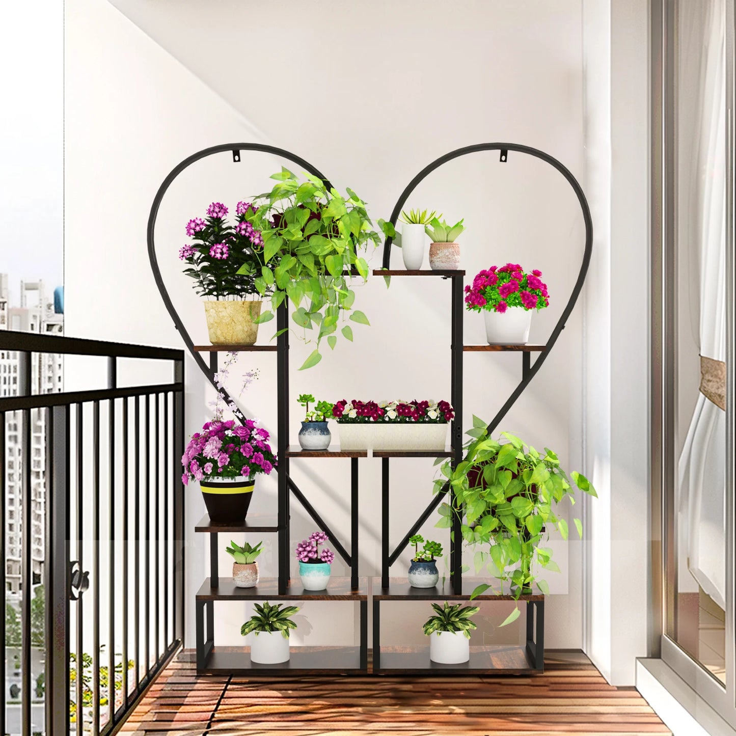 Plantenrek - 6-laags - Plantenrekken - Halve Hartvormige - Metalen Plantentrap - Plantenstandaard - voor Binnen en Buiten - Multifunctioneel - Hoogwaardig MDF-hout - Ruimtebesparend