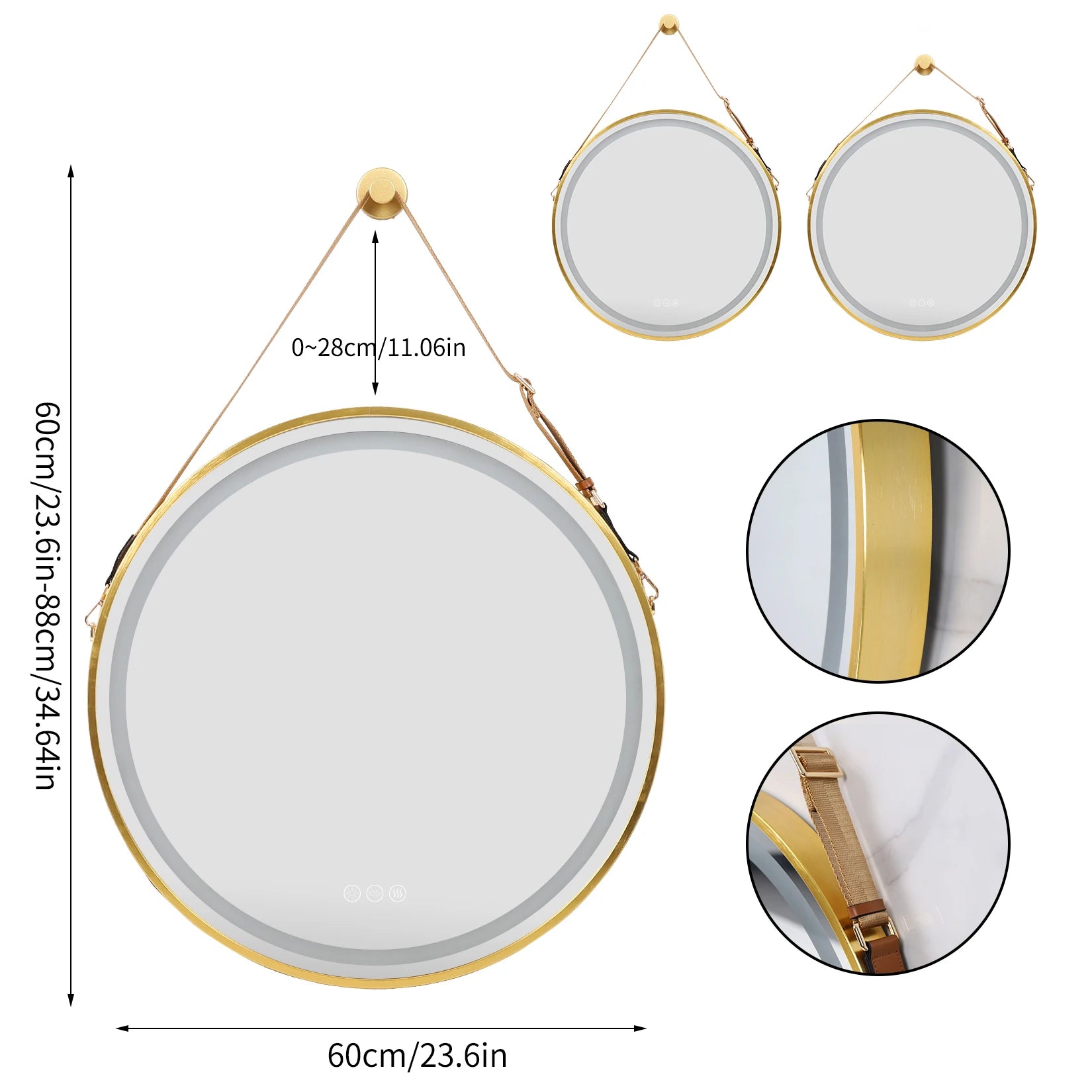 Badkamerspiegel - Spiegel - Spiegel met Verlichting - Smart Spiegel - Ronde LED Badkamerspiegel - 60CM - Goudkleurige Wandspiegel met Verlichting, Dimbaar en Anti-condens - QUORE