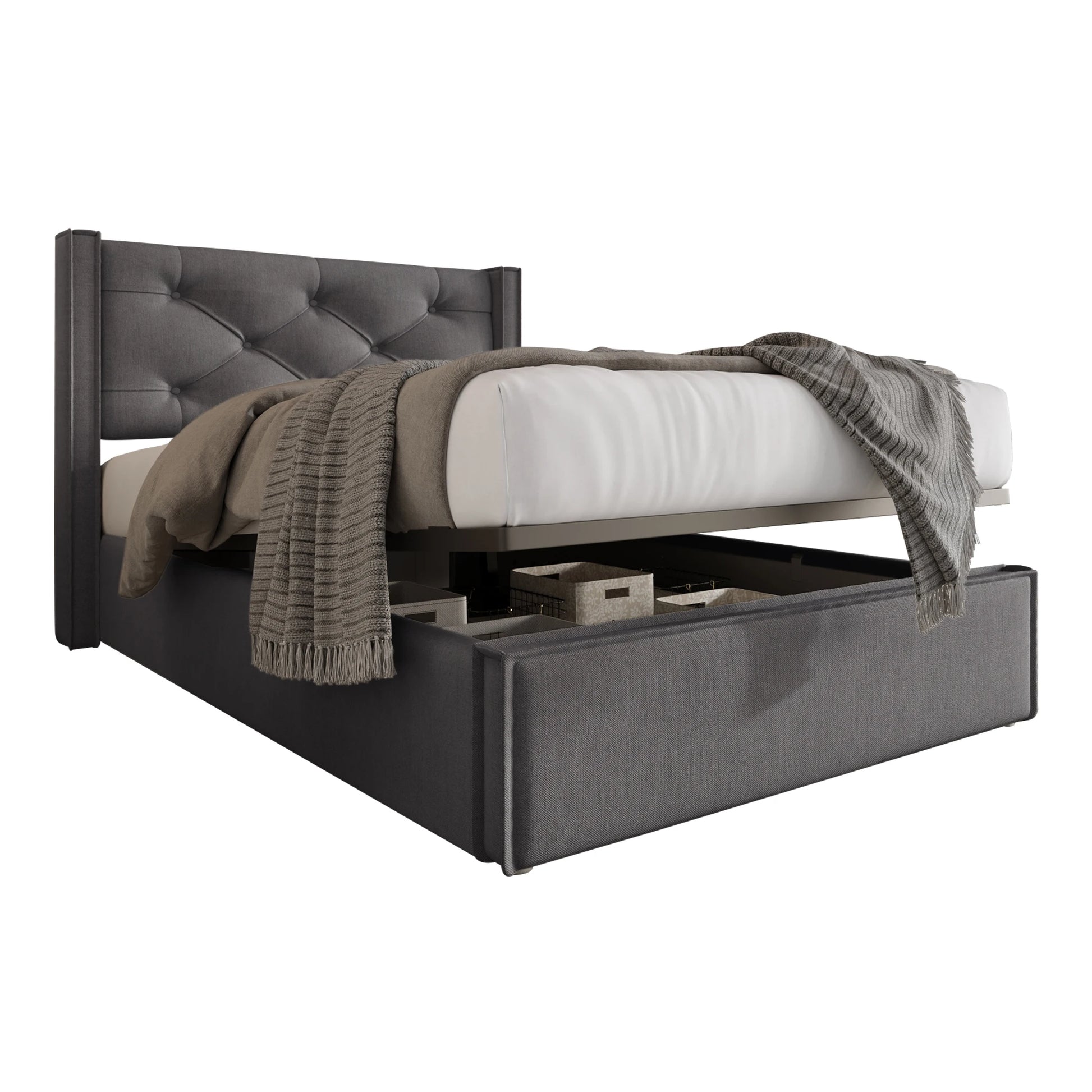 Bedframe – Eenpersoonsbed – Stalen Bed – Lattenbodem – Opbergruimte – Hydraulische Lift – Katoenen Hoofdeinde – 160x200 cm - QUORE