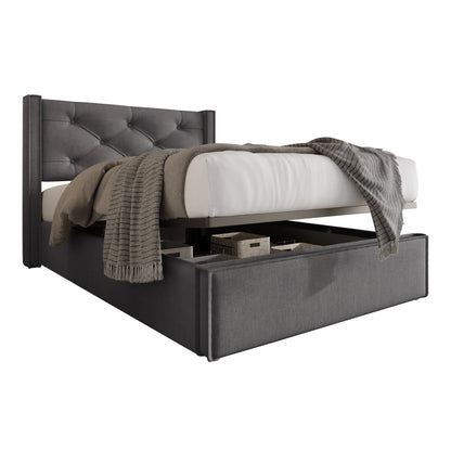 Bedframe – Eenpersoonsbed – Stalen Bed – Lattenbodem – Opbergruimte – Hydraulische Lift – Katoenen Hoofdeinde – 160x200 cm - QUORE