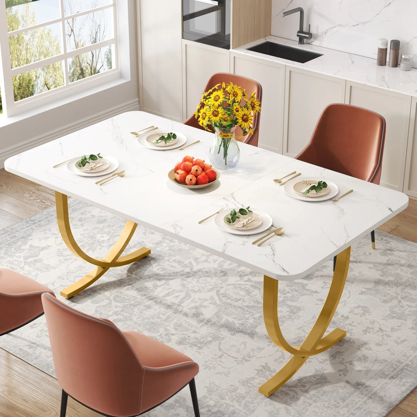 Eettafel – Tafel – Eetkamertafel – Bureau – Ontbijttafel – 160 Cm – Marmerlook – Gouden Metalen Poten - Zwart