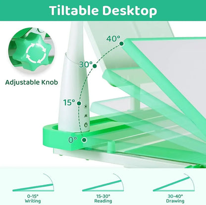 Kinderbureau – Kinderbureau Met Stoel – Kinderstudietafel – Kindertafel – Kinderbureau Met LED Bureaulamp – Verstelbare Hoogte 54-76,5 cm – Kantelbaar Tafelblad Tot 50° - QUORE