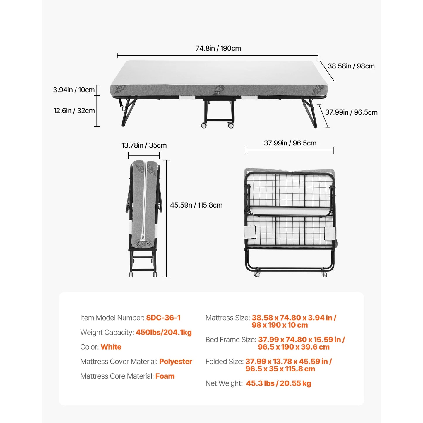 SucceBuy Rollaway Bed 38 in x 75 in Folding Bed with 4 in Memory Foam Mattress Portable Twin Size Roll Away Bed for Adults Guest