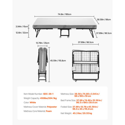 SucceBuy Rollaway Bed 38 in x 75 in Folding Bed with 4 in Memory Foam Mattress Portable Twin Size Roll Away Bed for Adults Guest