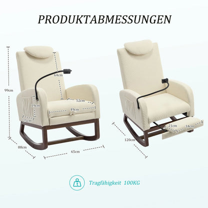 Schommelstoel – Relaxstoel – Loungestoel – Schommelzetel – Fauteuil – Beige Linnen – Verstelbare Hoofdsteun – Uittrekbare Voetensteun