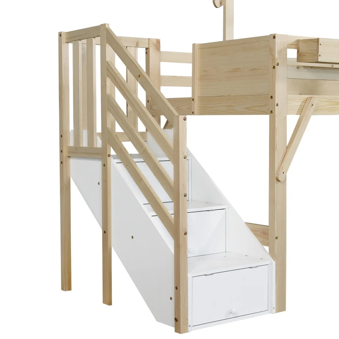 Kinderbed – Bed – Eenpersoonsbed – Kinderbedframe – Bed Met Opbergruimte – Uniek Dakontwerp – Trap Met 3 Opbergkasten – Voor Matras 90x200 CM