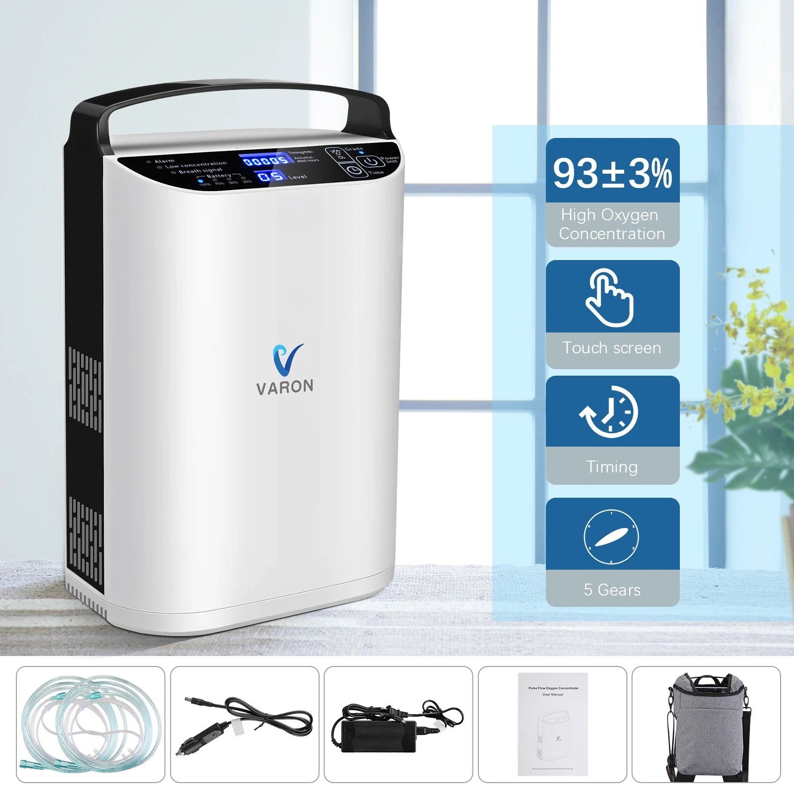 Zuurstofconcentrator – Oxygenerator – Zuurstofmachine – Ademdevice – Ademhalingsapparaat – Compact en Lichtgewicht – 93% Zuurstofconcentratie – Inclusief Batterij en EU-Stekker - QUORE