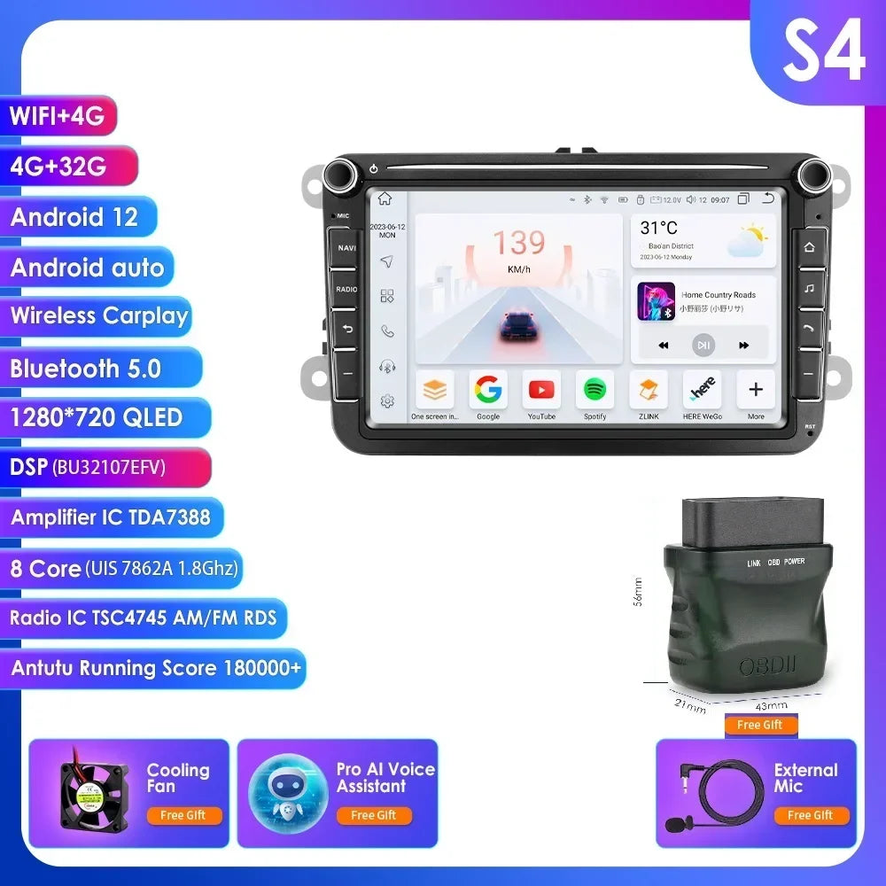 Autonavigeatie – Carplay Autoradio – Android Multimediaspeler – GPS Navigatie – Touchscreen – 8 Inch QLED Scherm – 4 GB RAM 64 GB Opslag – OBD2 Ondersteuning