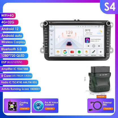Autonavigeatie – Carplay Autoradio – Android Multimediaspeler – GPS Navigatie – Touchscreen – 8 Inch QLED Scherm – 4 GB RAM 64 GB Opslag – OBD2 Ondersteuning