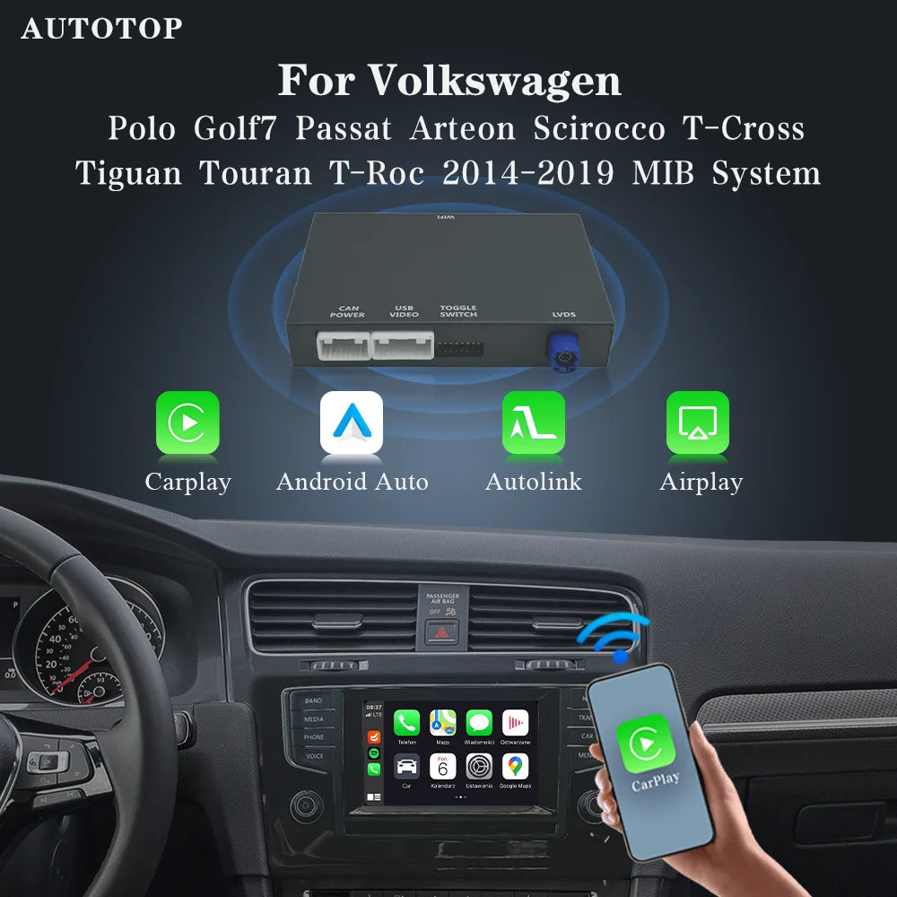 Draadloze CarPlay Android Auto Adapter – Wireless Connectie – Bluetooth Multimedia Interface – Volkswagen MIB Systeem – Plug-and-Play Installatie – Handsfree Spraakbediening – Snelle 2.4 GHz Verbinding - QUORE
