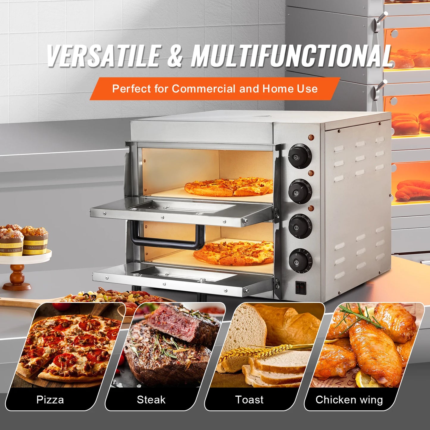 Pizzaoven - Elektrische Pizzaoven - Multifunctionele Pizzamaker - Dubbeldekslaag - met Steen - Handvat - 14inch - 52 x 43 x 43 cm - Zilver