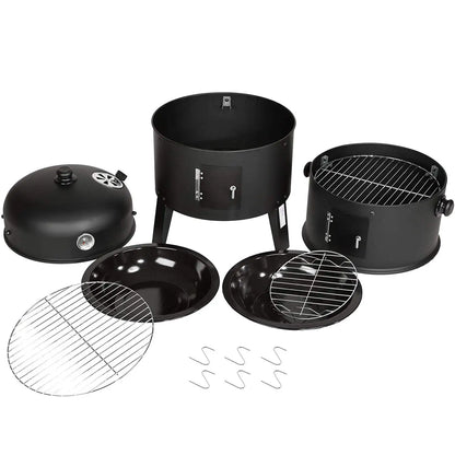 3 in 1 Barbecue - Houtskool Grill - BBQ - Smoker - Met Thermometer - Roken, grillen en Koken - Diameter 41 CM - Zwart - - QUORE