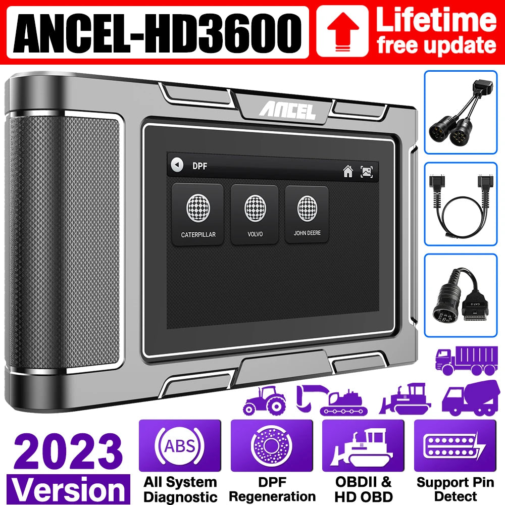 ANCEL HD3600 Heavy Duty Truck Scanner for Construction Machinery Diesel Scan Tool for Komatsu, John Deere, Volvo D-P-F Resets