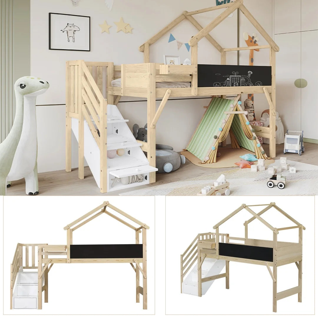 Kinderbed – Bed – Eenpersoonsbed – Kinderbedframe – Bed Met Opbergruimte – Uniek Dakontwerp – Trap Met 3 Opbergkasten – Voor Matras 90x200 CM