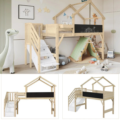 Kinderbed – Bed – Eenpersoonsbed – Kinderbedframe – Bed Met Opbergruimte – Uniek Dakontwerp – Trap Met 3 Opbergkasten – Voor Matras 90x200 CM