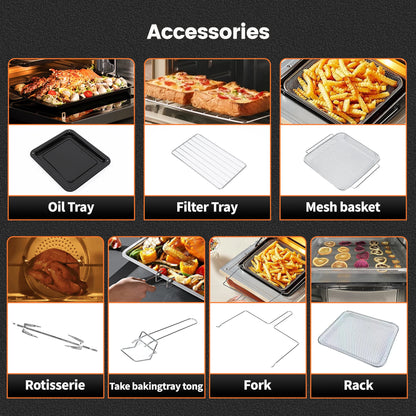 Heteluchtfriteuse - 14L – Mini Oven - 1800W - 240V - XXL - 11 Programma’s – LED Touchscreen - 14L capaciteit - Inclusief Rotisserie - en Accessoires - QUORE