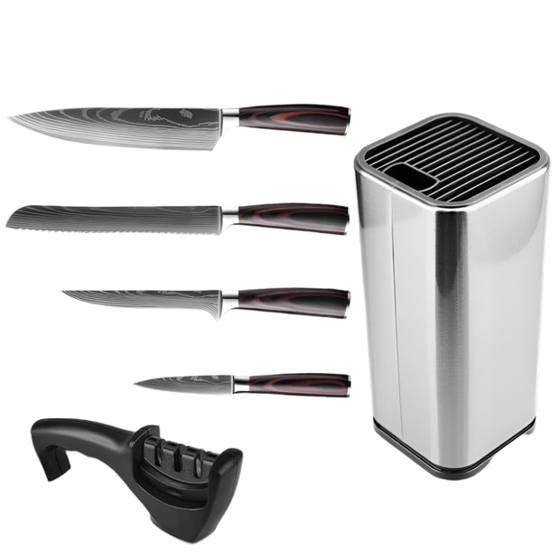 Keukenmessen - Knife set - Chef Knife - Knives - Kitchen Knife - Koksmes voor keuken - Damascus Santoku Messenset - Japans Scherp Hakmes Snijmes - 6-Delige Houderset