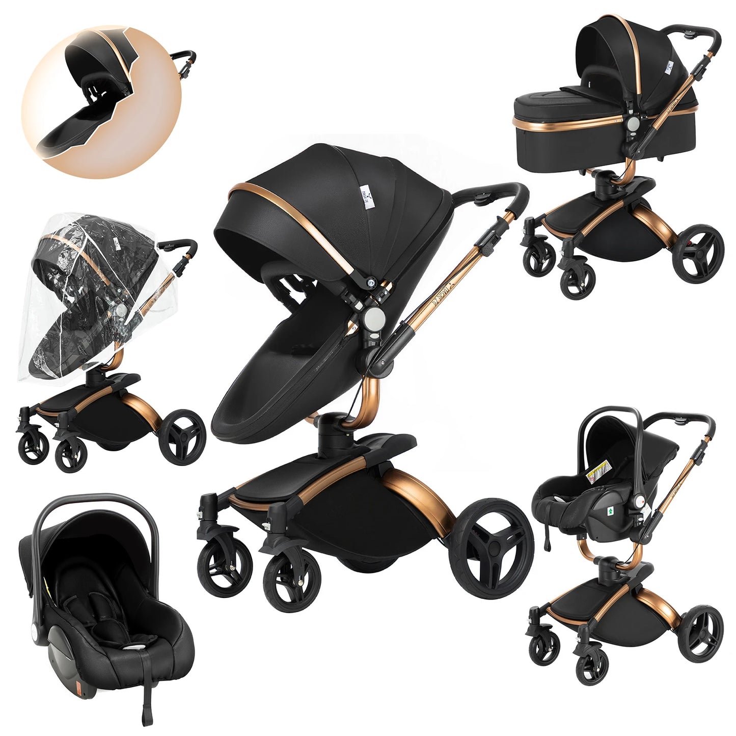360° Baby Stroller 3 IN 1 Car Seat Stroller Combo Travel System Strollers High Landscape Leather Large Storage Stroller Infant