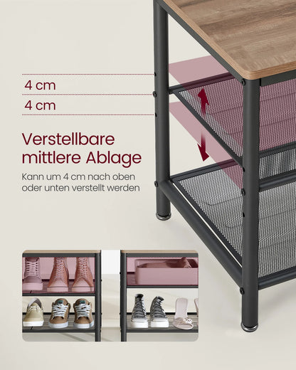 Multifunctionele Kapstok met Spiegel en Schoenenrek - 7 Haken - Zwart met Camel Bruin - 98 cm Bank en Verstelbare Plank - Robuuste Kledinghanger voor Hal en Entree