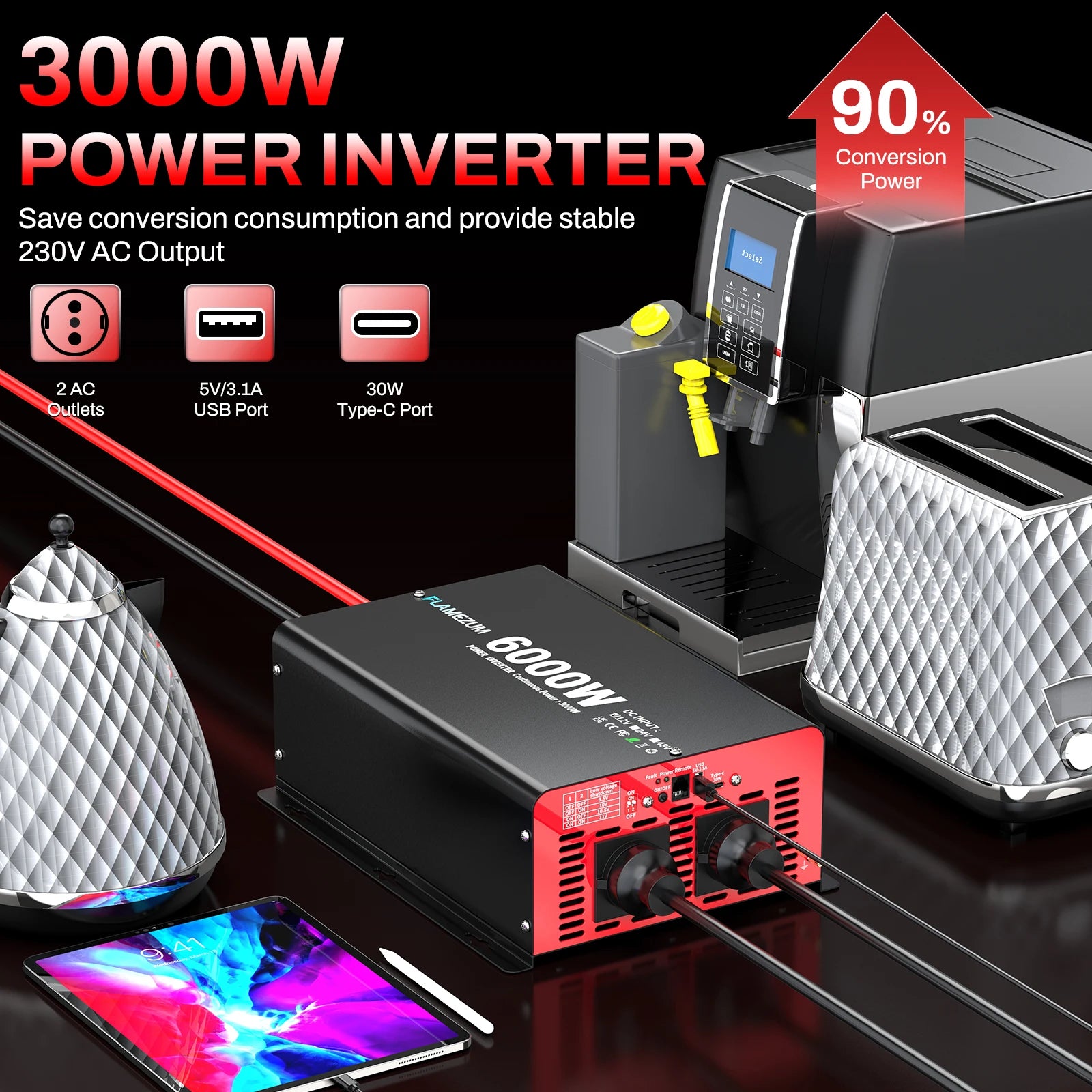 Omvormer – Spanningsomvormer – Inverter – Stroomomzetter – 3000W Continu Vermogen – Zuivere Sinusgolf Met Afstandsbediening - QUORE
