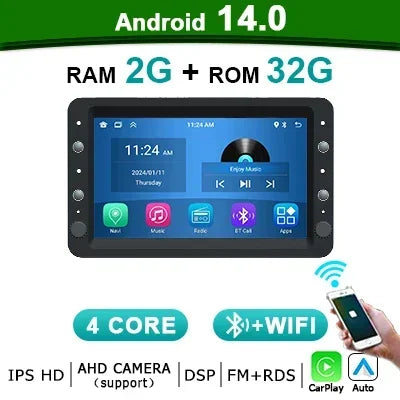 2-DIN Android 14 Autoradio – Multimedia Speler – Auto Stereo – Navigatiesysteem – Touchscreen Met 7 Inch – Draadloze CarPlay & Android Auto – 8 GB RAM 128 GB Opslag