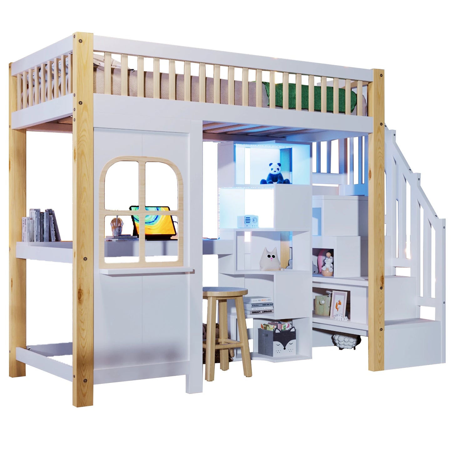Hoogslaper – Kinderbed – Stapelbed – Bedframe – Huisvormig Bed – 90x200 cm – Massief Hout – Veel Opbergruimte Met Kastjes En Trap