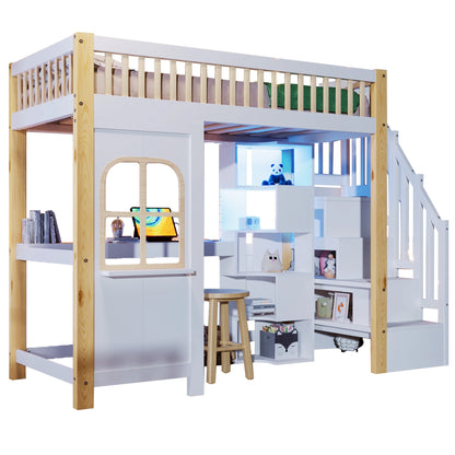 Hoogslaper – Kinderbed – Stapelbed – Bedframe – Huisvormig Bed – 90x200 cm – Massief Hout – Veel Opbergruimte Met Kastjes En Trap