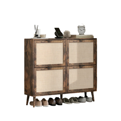 Schoenenrek – Vierdeurs Schoenenkast – Schoenenopberger – Schoenenmeubel – Ruimte Voor 16 Paar Schoenen – Engineered Rattan Afwerking - 105 x 24 x 91 cm