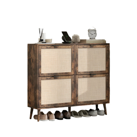 Schoenenrek – Vierdeurs Schoenenkast – Schoenenopberger – Schoenenmeubel – Ruimte Voor 16 Paar Schoenen – Engineered Rattan Afwerking - 105 x 24 x 91 cm