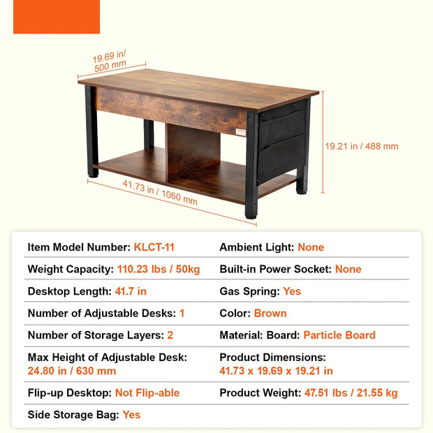 Koffietafel - Table - Coffe table - Living Room Table - Lift Top salontafel - tafel met extra opbergruimte - omklapbare salontafel voor de woonkamer - 41.7in - Bruin - 47.51lbs