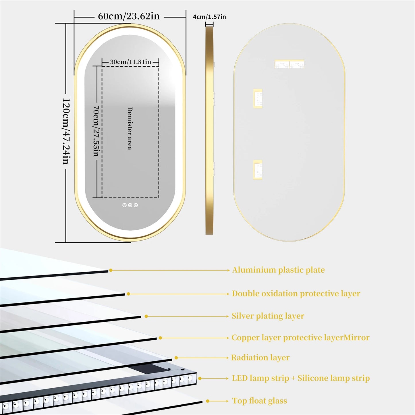 Badkamerspiegel - Spiegel - Spiegel met Verlichting - Smart Spiegel - Gouden Ovale LED Badkamerspiegel - 60x120CM - Verlichte Anti-condens Make-up Spiegel met Dimbare Smart Touch Functie