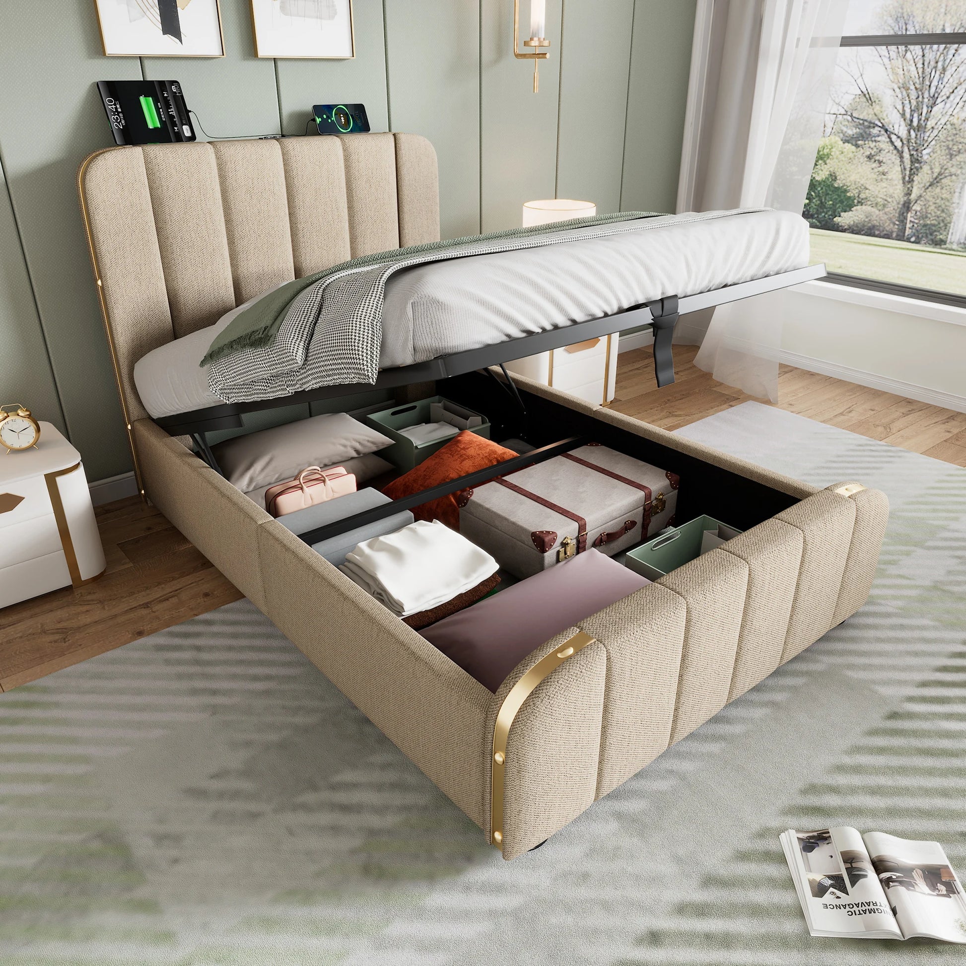 Ledikant – Babybed – Meegroeibed – Peuterbed – Kinderbed – Beige Linnen Bekleding – Hydraulische Opbergruimte – USB & Type-C Oplaadpoort - QUORE