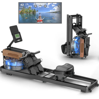 Water Roeimachine - Roeimachine - Magnetische Roeitrainer - Roeiapparaat - Opvouwbare - met Bluetooth Monitor - van Massief Hout - Ergonomisch Zitvlak - Max 160kg - 14L Watertank - Met Tablet Houder - Voor Thuisgebruik - Zwart - QUORE