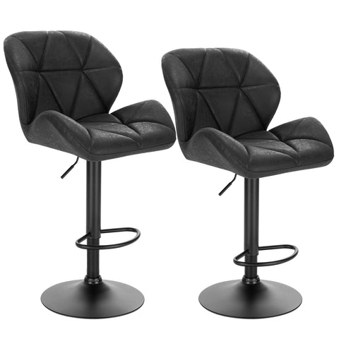 Adjustable Bar Stool - Bar Stool - Bar Stools with Backrest - Set of 2 - 360° Rotatable - Gas Spring - Steel Footrest - Leather Seat - Black Leather
