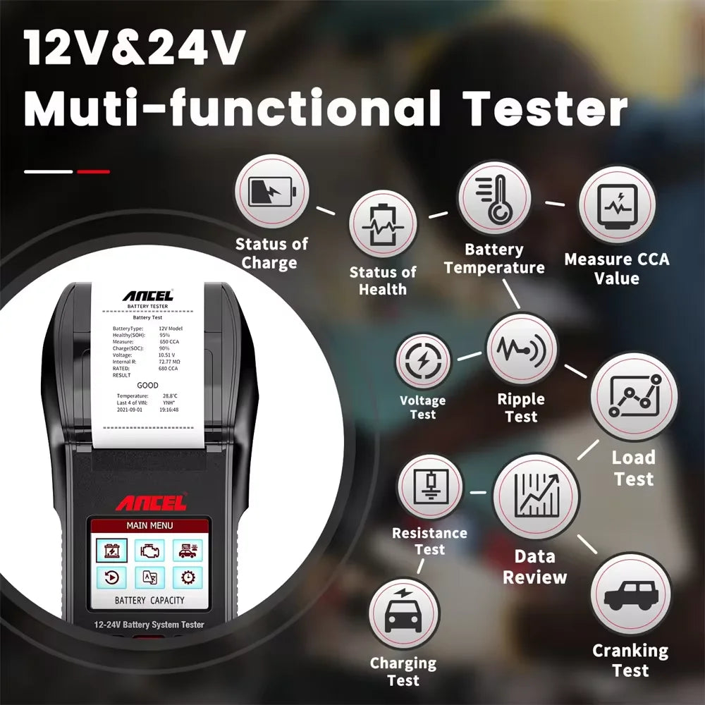 Batterijtester – Accutester – Accu Checker – Voltage Meter – Batterij Diagnosedoos – 12V En 24V – Ingebouwde Printer - QUORE
