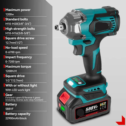 Slagmoersleutel - met Accu - Slagschroevendraaier - Draadloze - Borstelloze - Elektrische - Torque - 1200Nm - 1/2 inch - 18V Accu - 1 Batterij