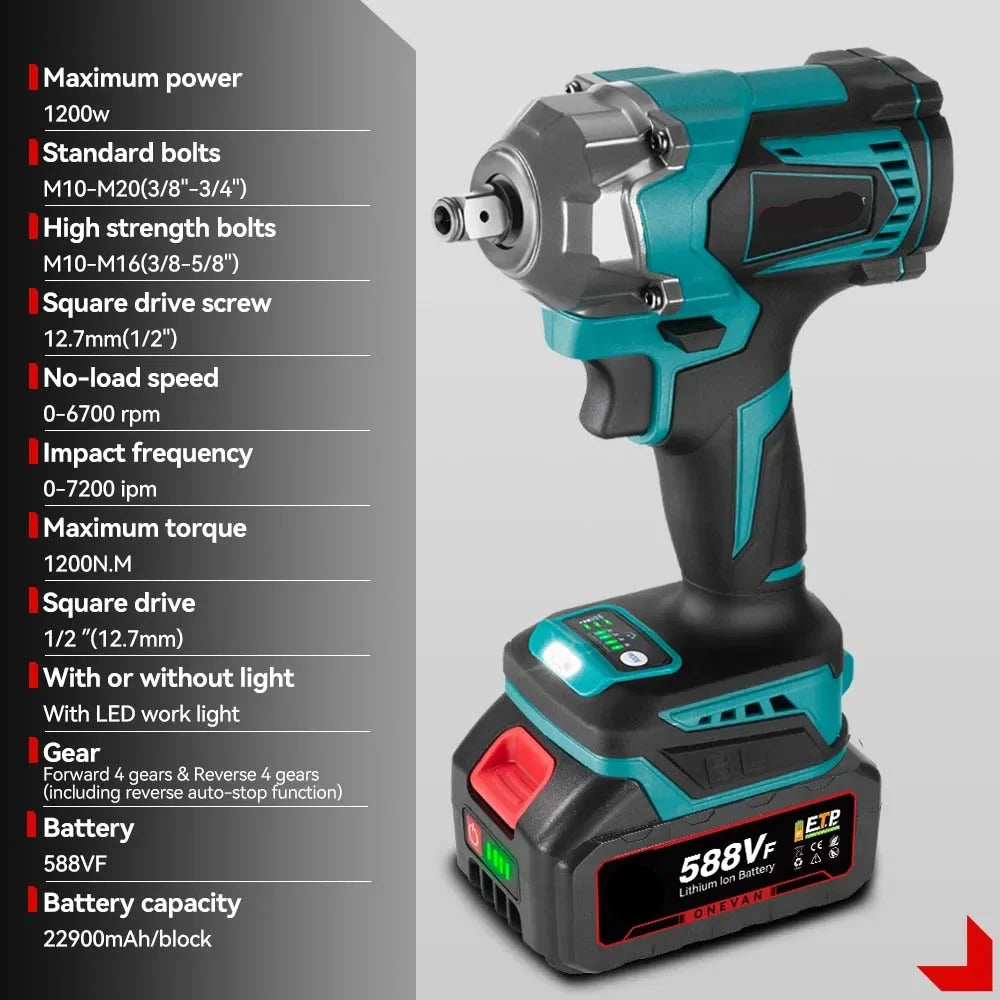 Slagmoersleutel - met Accu - Slagschroevendraaier - Draadloze - Borstelloze - Elektrische - Torque - 1200Nm - 1/2 inch - 18V Accu - 2 Batterij en Kunststof Doos