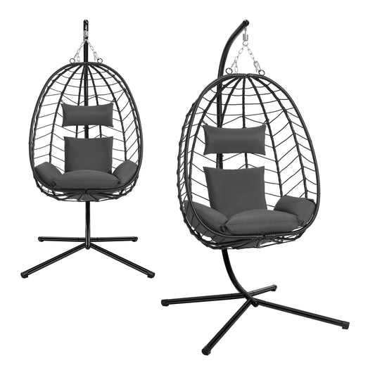 Schommelstoel - Hangende Ei-stoelen - Hangmat -Headrest - met Metalen Standaard - Zitkussen - Draagvermogen 150 kg - voor Tuin - Balkon - Terrasdecoratie - 102 x 100 x 196 cm - Donkergrijs - QUORE