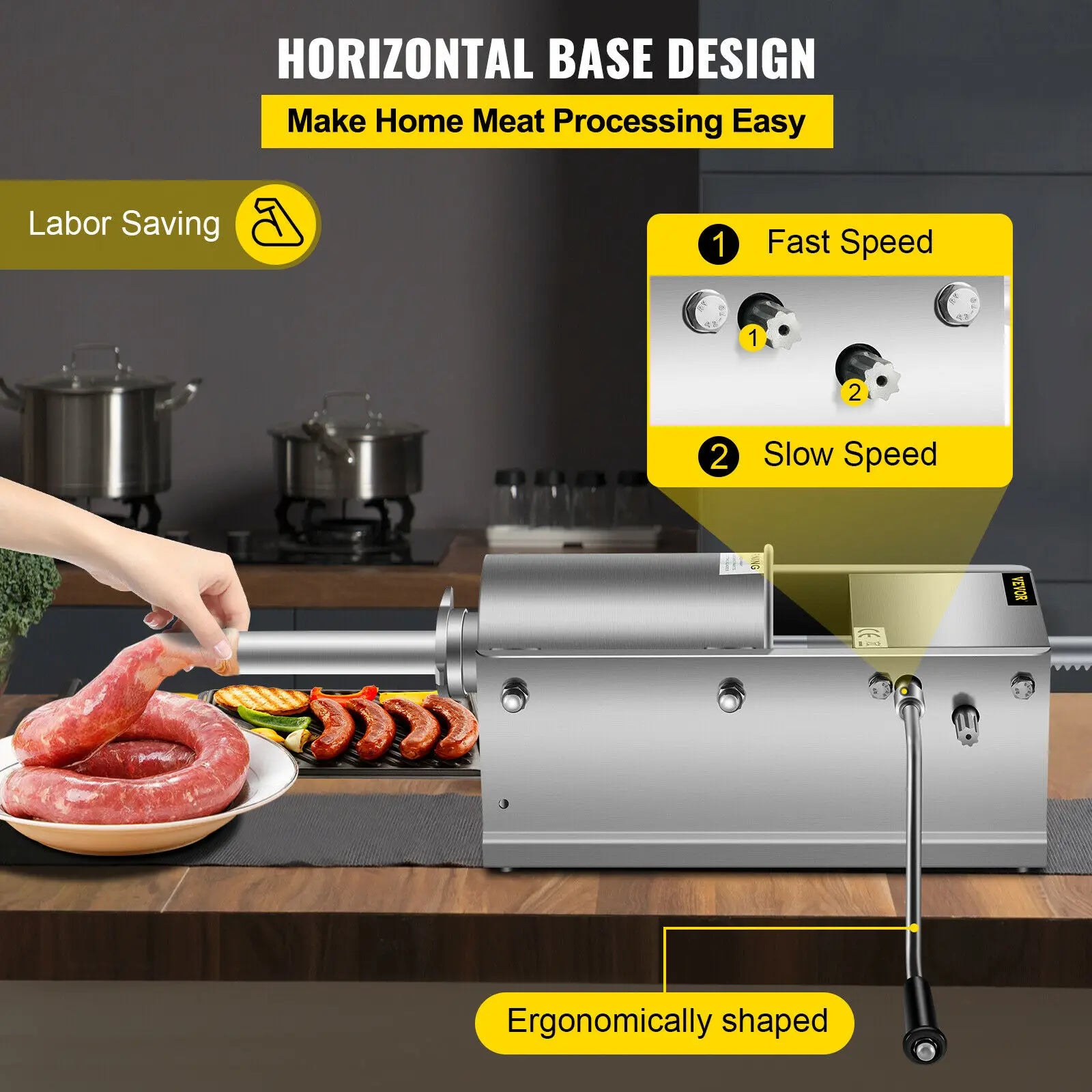 Worstenvuller – Worstenmaker - Worstmachine - Professionele 5L RVS Horizontale Worstenvuller – Handmatige Worstmaker – Inclusief 5 Vulmondstukken - QUORE